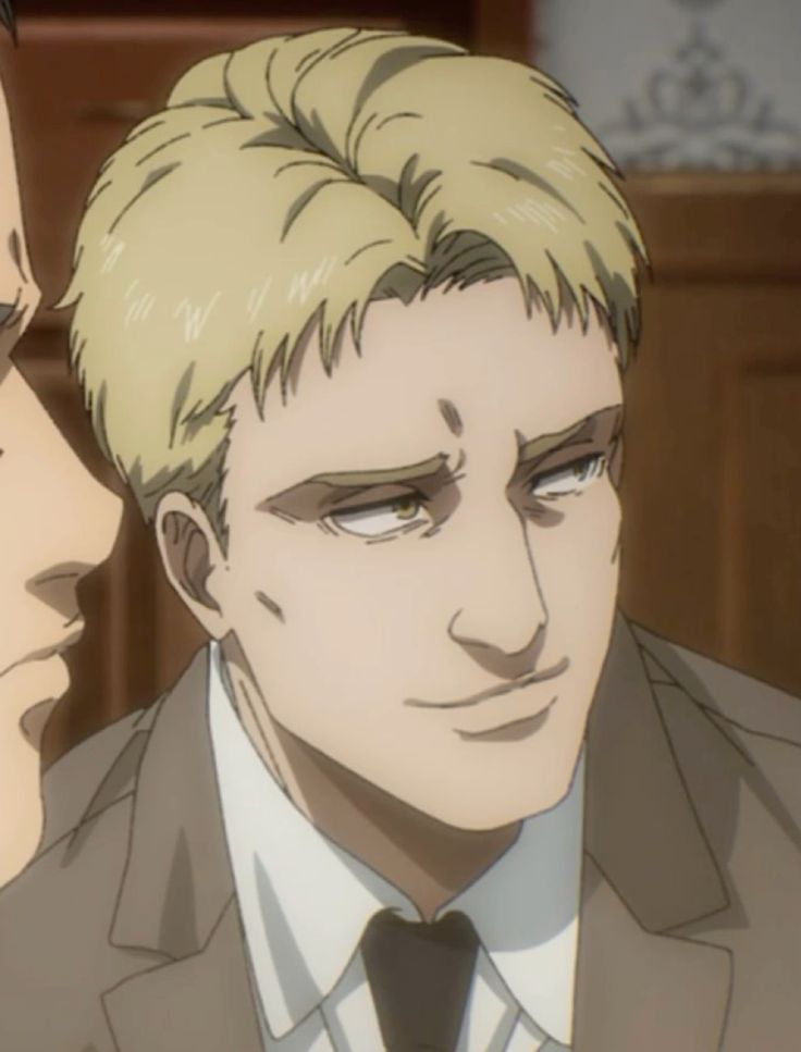 this is a closeup illustration of erwin smith from attack on titan. he is wearing a suit and tie, and his expression is serious.  the lighting suggests he is indoors.