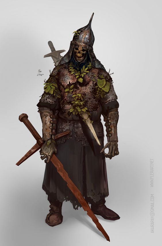 the illustration showcases a skeletal undead warrior. it stands against a light gray background, clad in worn, rusted armor adorned with leaves and vines, signifying a connection to nature or a prolonged state of decay. the undead warrior wields a long, rusted sword, emphasizing its status as a formidable, perhaps even tragic, figure.