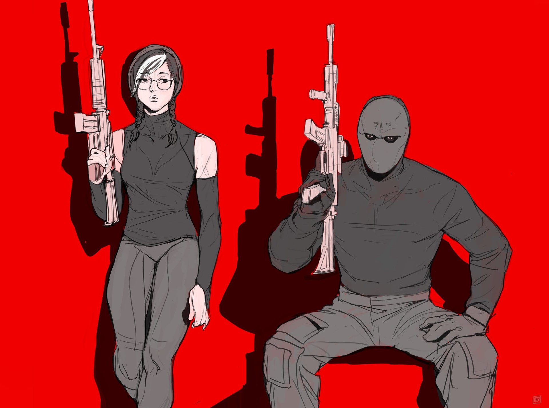 he image is a sketch or drawing of two soldiers, a female and a male, against a solid red background.  the female soldier has shoulderlength dark hair in a ponytail, glasses, and is wearing a dark sleeveless top and dark pants. she holds an assault rifle. the male soldier wears a full face mask, dark longsleeved shirt and camouflage pants. he's crouched and also armed with an assault rifle, appearing to be an ak47 variant. the style is a loose, sketchy style with visible lines and shading, giving it a slightly unfinished or concept art feel. the contrast between the grayscale figures and the vibrant red background makes them stand out.