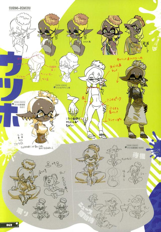 a page of character design sketches for a video game character. the character appears to be an octoling from the splatoon franchise. the sketches show the character in various poses and expressions, as well as some closeup details. the text on the page is in japanese.