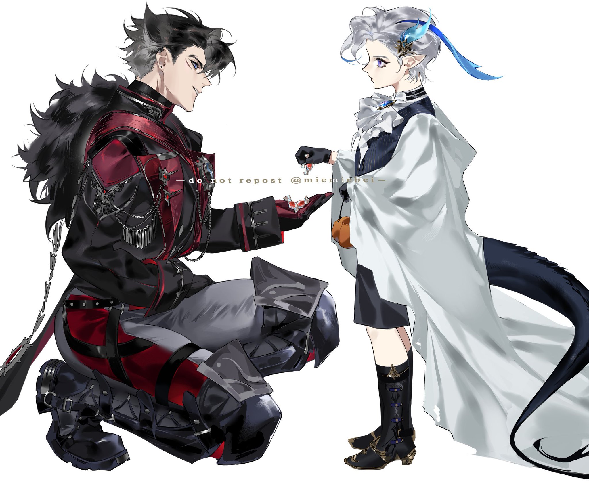 two anime boys, one dressed in gothic vampire attire and the other in a cute white halloween costume, are exchanging candy. the boy in the vampire costume has a black cape and red and black clothing, and the boy in the white costume has a black tail and a long, flowing white cape. they both look very happy and excited to be enjoying their halloween candy exchange.