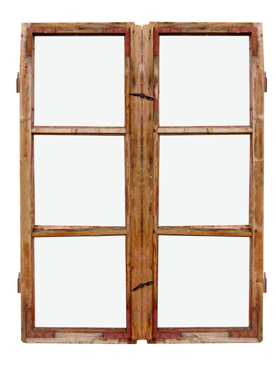 an image showing a pair of old, rustic wooden doors or a window frame. the frame is divided into six panes and the wood is weathered with remnants of red paint. there are latches to secure the doors together and the background is solid black.