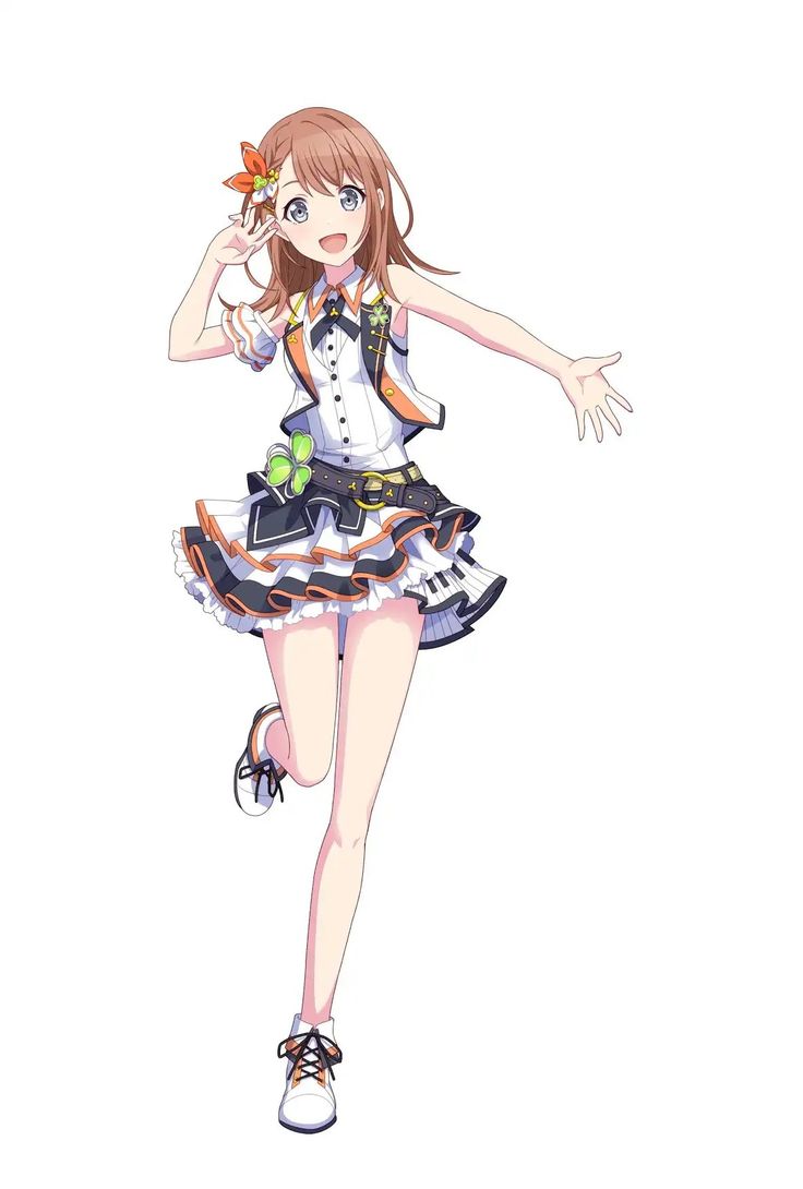 a young anime girl is running toward the viewer,  smiling, with a happy expression. she has brown hair and blue eyes. she is wearing a short, black and white skirt with ruffles, a white top, an orange vest, and black and white shoes. she has a flower in her hair.  she is on a white background.