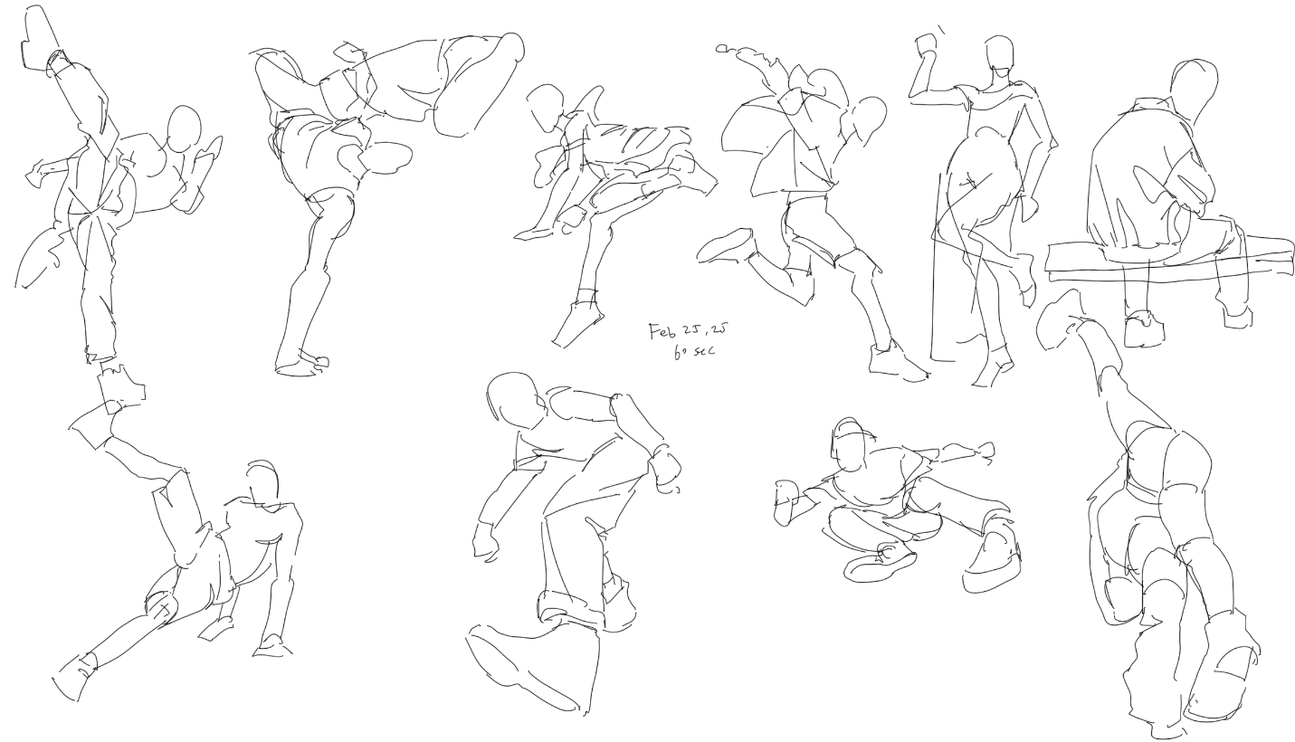 the image is a collection of gestural figure drawings, likely quick sketches, depicting various poses and actions. the drawings are rendered in a simple line art style, with emphasis on capturing the movement and form of the human figures. the sketches include people in action poses, such as kicking, running, and squatting, as well as a figure sitting on a bench. the overall style suggests a study of human anatomy and movement. there is also a timestamp included.