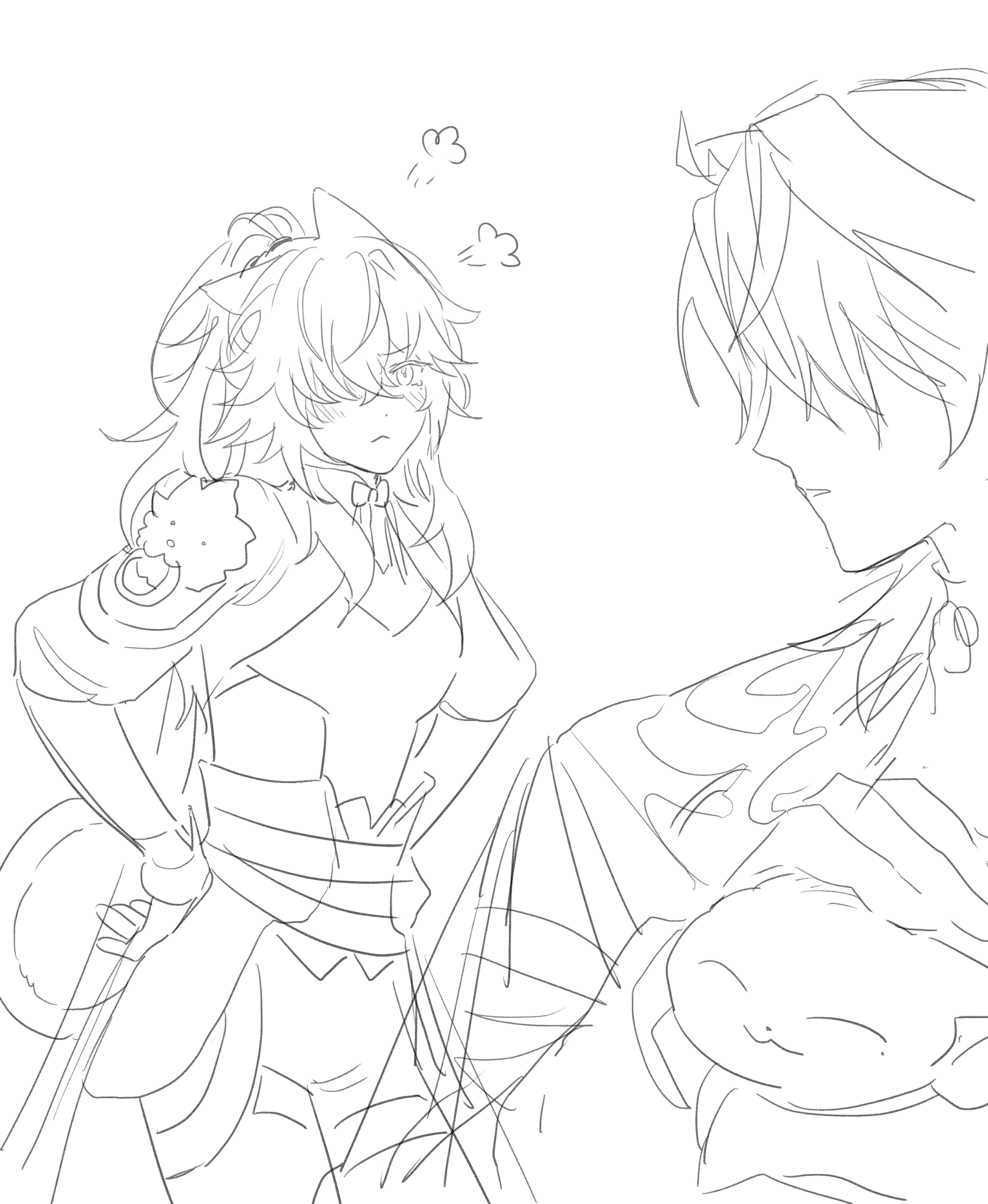 this is a line drawing of two anime characters. the girl is on the left side of the image, with long hair and a cute outfit, and she is facing forward. the boy is on the right side of the image and is facing the left, he has short hair, with what seems to be a headband on his head, and he is wearing a shirt. they both have a slight blush and seem to be looking at each other, which suggests that they may be in a romantic relationship. the drawing is done in a simple style with black lines on a white background.