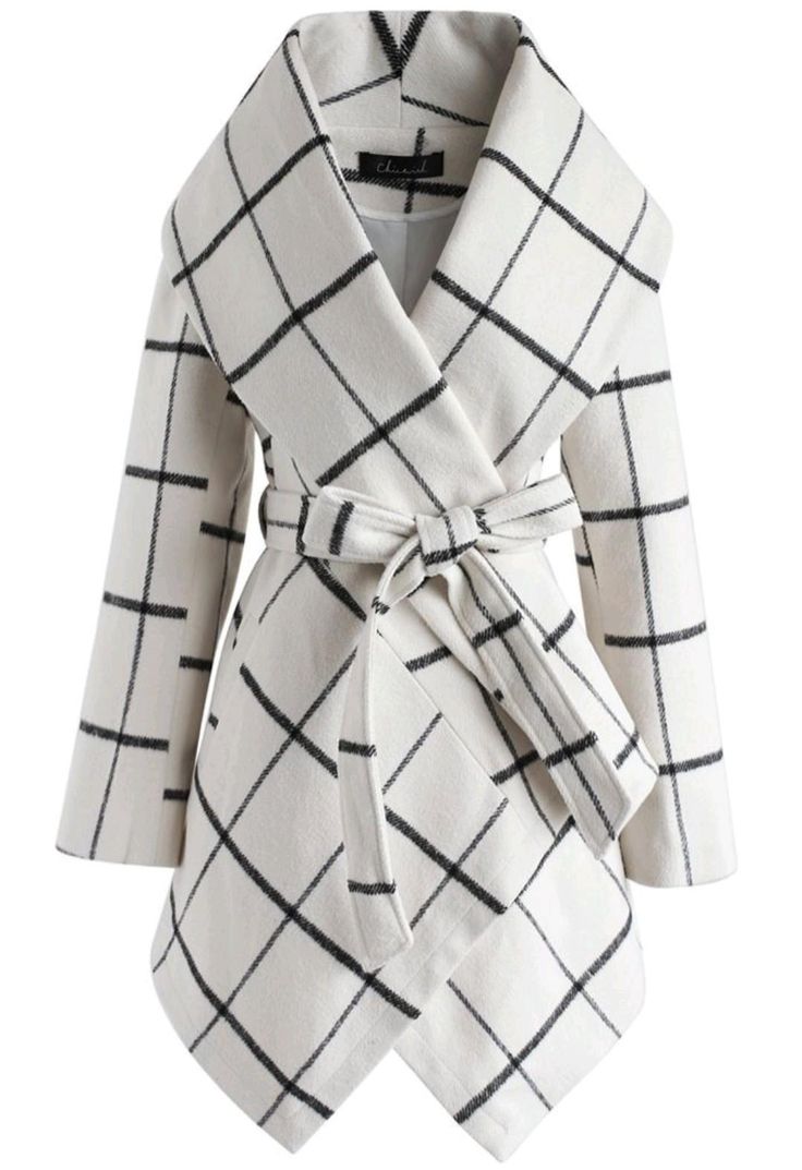 a white coat with a black and white plaid pattern. it has a large lapel collar, long sleeves, and a belt at the waist. the coat is asymmetrical and the bottom hem is uneven. the coat is made of a soft and comfortable fabric and has a stylish and elegant design. it would be a great addition to any winter wardrobe.