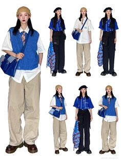 the image shows a photo collage featuring six different outfits modeled by the same woman. she showcases a consistent style with a blue denim vest, a white collared shirt, beige wideleg pants, and black loafers. she accessorizes with a matching beret and a shoulder bag in varying styles and colors. each outfit presents a slightly different take on the core look, offering versatility and inspiration for casual everyday wear. the studio setting provides consistent lighting and a clean background, emphasizing the clothing and accessories.