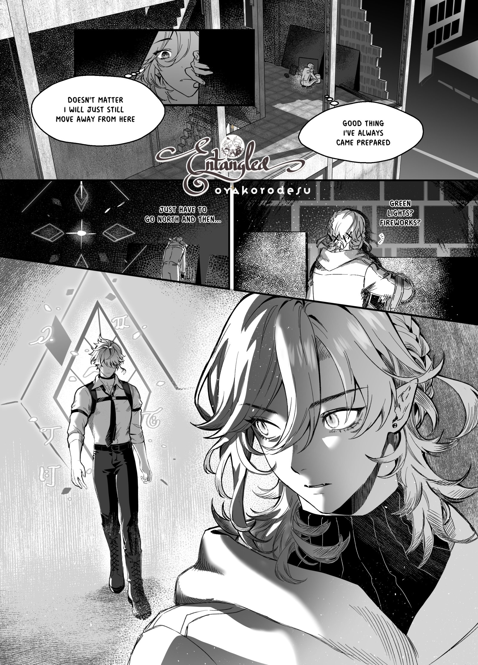 this is a comic book panel from an anime or manga. it features multiple characters. in the top left, there is a character with long hair facing away, talking. in the top right, there is a character with short hair facing towards the left, talking. in the bottom left, there is a character with short hair facing towards the right, walking. in the bottom right, there is a character with long hair facing towards the left, looking at the character in the bottom left. the speech bubbles show their dialogue. the background is a dark, shadowy setting.