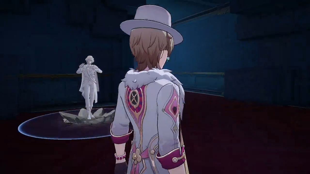 a male anime character wearing a hat and a white and pink coat stands in a room looking at a statue of a male anime character in a white suit. the room is dark with a light blue circle on the floor.