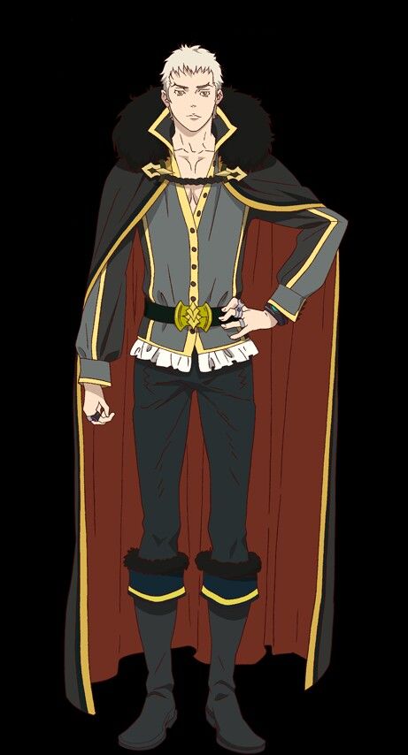 the image is a digital illustration of a male anime character. he is standing in a suit with a long red and gold cape. he has blond hair and blue eyes. he is looking to the side and has his hand on his hip.