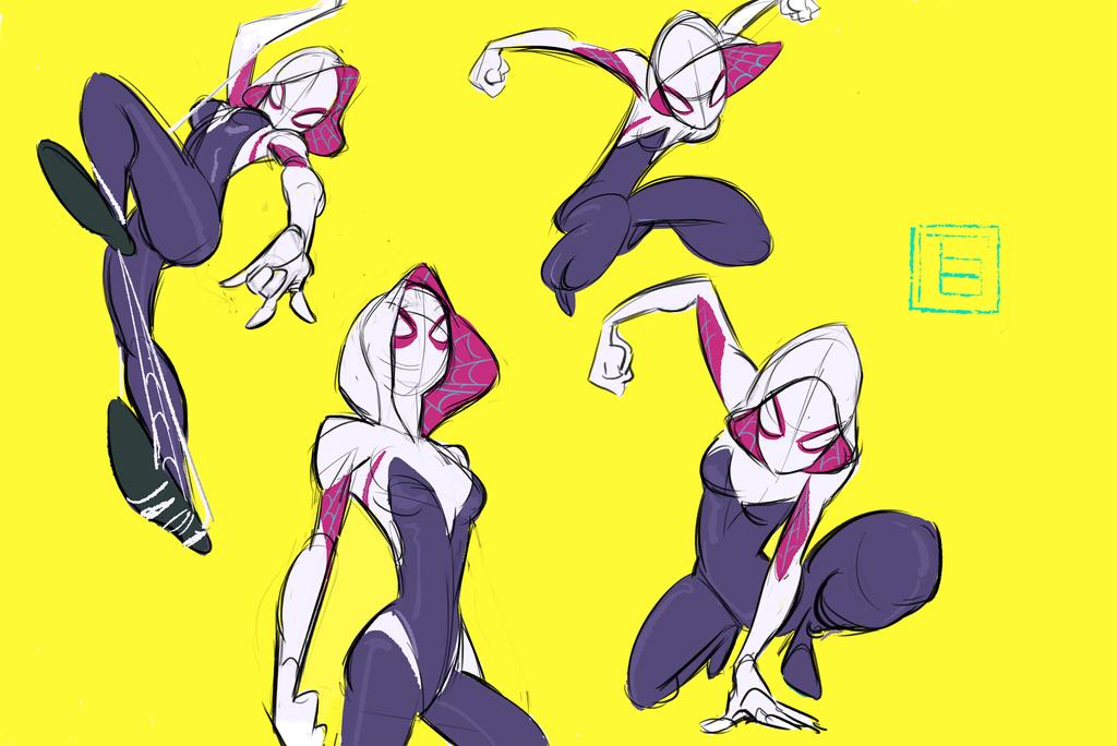 this image contains four dynamic sketches of spidergwen, a popular marvel comics superhero.  each sketch shows her in a different action pose, highlighting her agility and athleticism. the art style is cartoonish and expressive, with bold outlines and vibrant colors. the sketches appear to be preliminary concept art or character studies, possibly for animation or comic books. the background is a solid, bright yellow. a small, stylized logo is present in the upper right corner.
