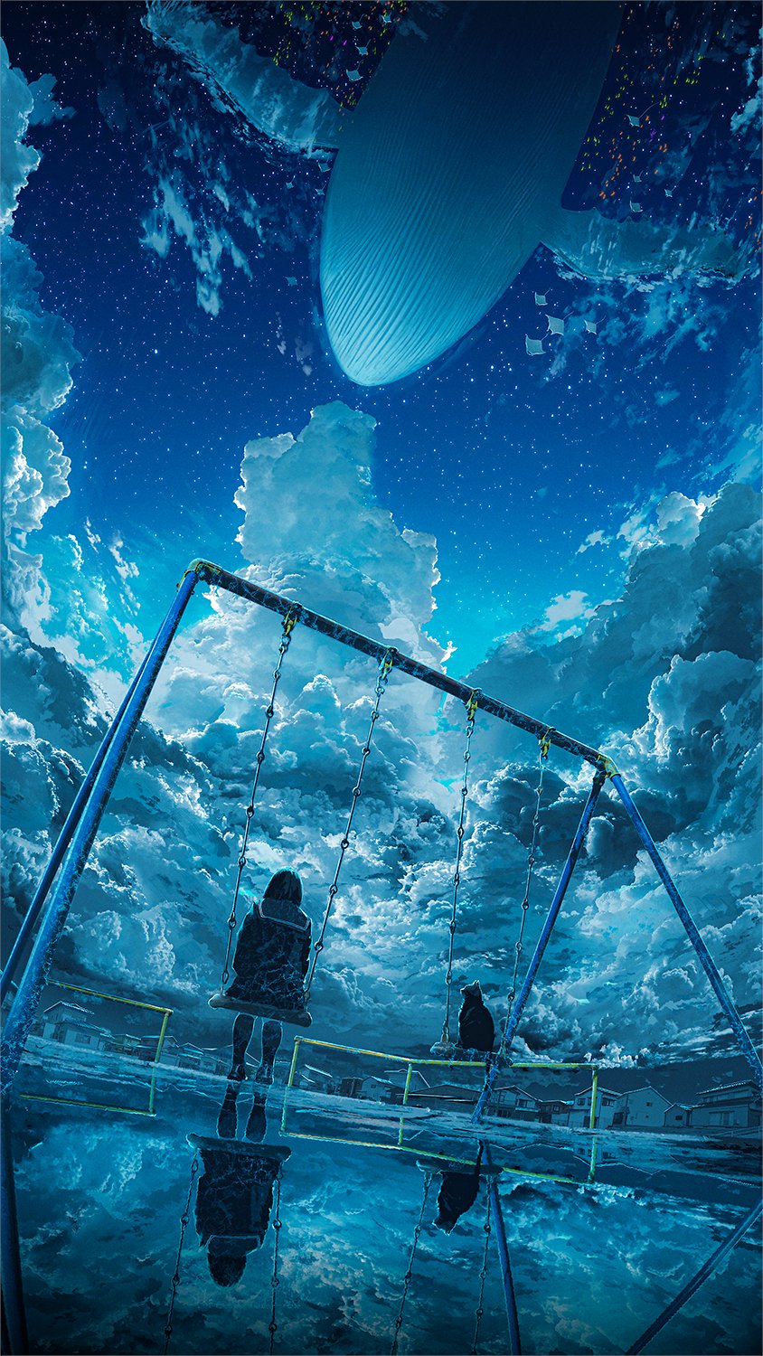 the image shows a dreamy scene with a girl on a swing at night. above, a large airship floats among clouds and stars. the ground reflects the sky, clouds, and swing, enhancing the surreal atmosphere. in the background, a cityscape glows with lights. a bird sits on the fence nearby the swing.