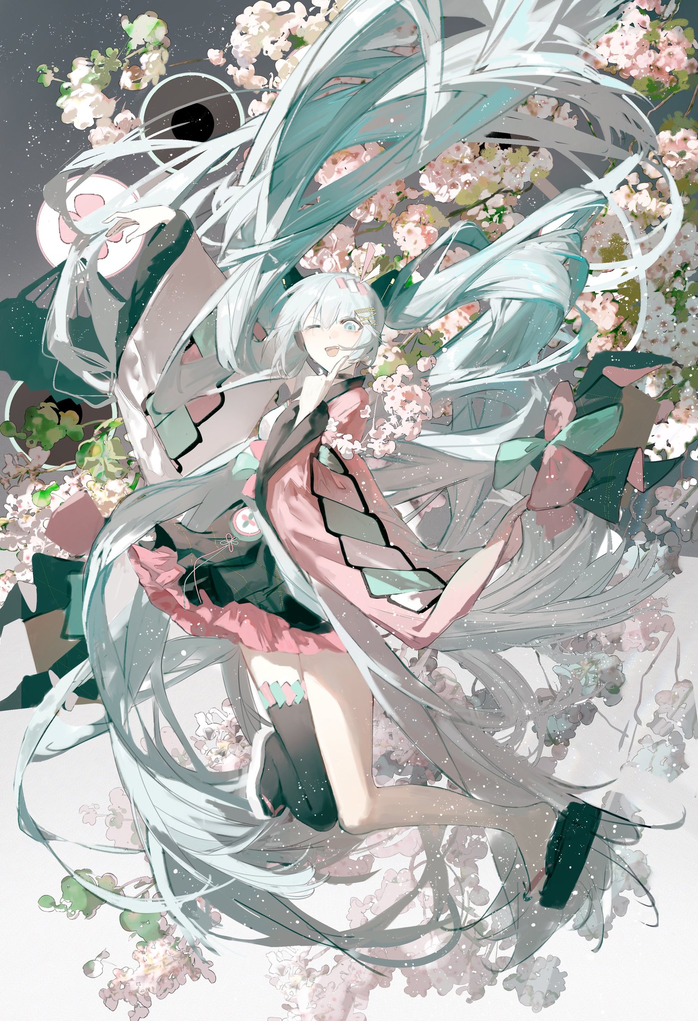 the image is a digital painting or illustration of hatsune miku, a popular virtual singer. she is depicted with her signature long, teal hair flowing around her, adorned with pink and white cherry blossoms. miku is wearing a stylized kimonolike outfit in shades of pink and teal, with a short skirt. she appears to be floating gracefully amidst the blossoms, giving off an ethereal and magical vibe. the art style is delicate and detailed, with soft colors and a dreamy atmosphere. the overall impression is one of beauty, grace, and fantasy.
