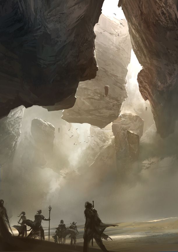 a fantasy landscape with a group of adventurers standing in a canyon filled with mist. the canyon walls are formed by massive rock formations, with some rocks appearing to float in the air. a few birds fly in the bright opening above. the overall atmosphere is mystical and adventurous.