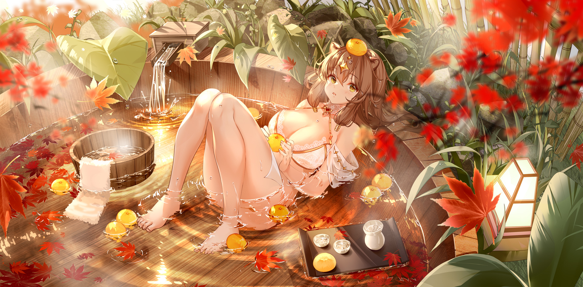 the artwork depicts an animestyle young woman with long brown hair and cat ears relaxing in an outdoor japanesestyle onsen (hot spring).  she's wearing a white and gold bikinilike outfit. the onsen is a wooden tub filled with warm, clear water, surrounded by autumnal foliage, including vibrant red maple leaves and several oranges floating in the water. a small wooden water spout feeds the bath. next to the tub are other typical onsen elements such as a small wooden bucket and a small table with cups and a sake bottle. the overall atmosphere is peaceful and serene, evoking a sense of relaxation and autumnal beauty. the background features lush greenery and a bamboo fence.  the lighting is soft and warm, highlighting the character and the idyllic setting.