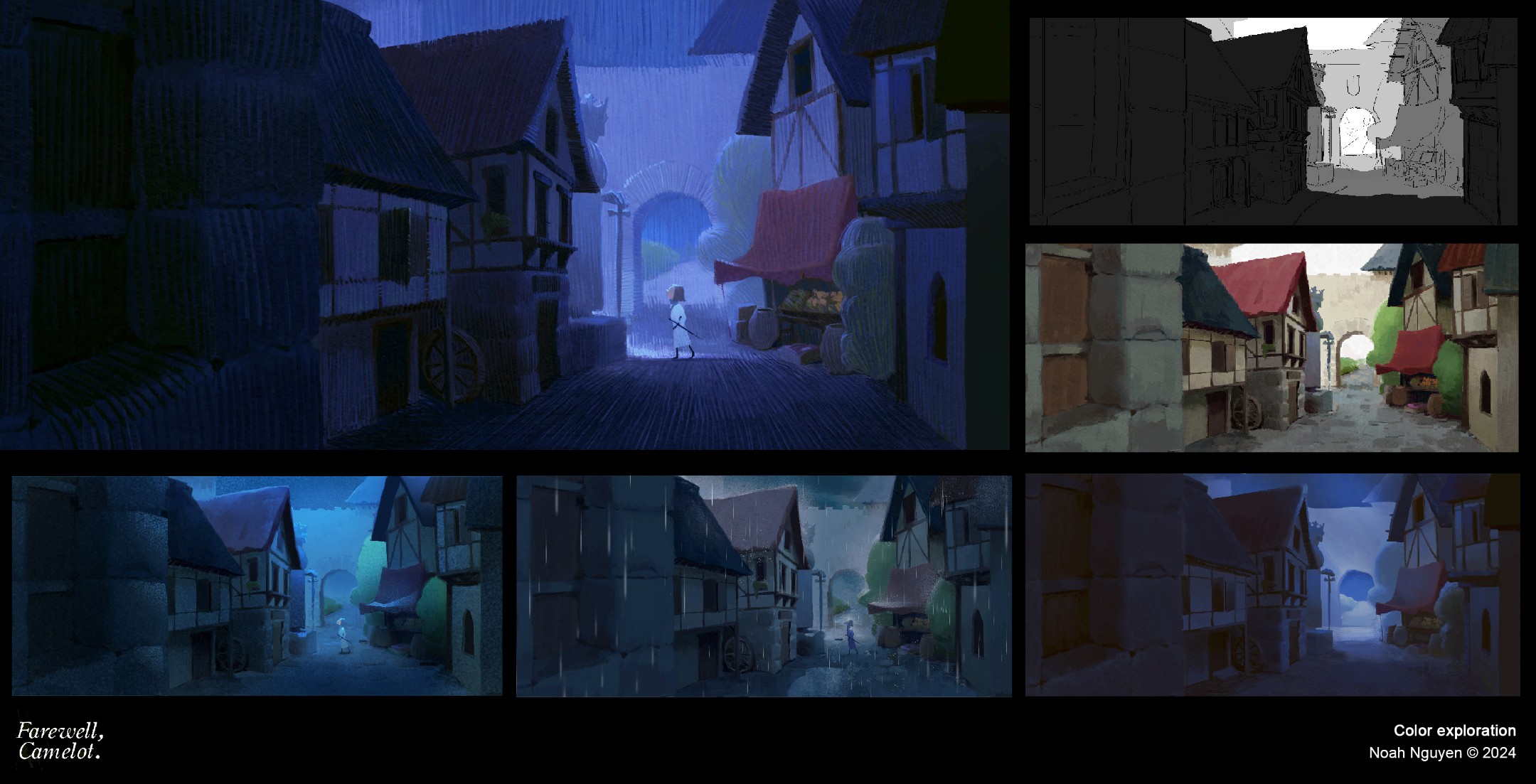 he image showcases a digital painting process, depicting a series of concept art iterations for a medieval village scene, potentially inspired by camelot.  the artist, noah nguyen, created multiple versions exploring different color palettes and lighting scenarios, from grayscale value studies to fullcolor atmospheric paintings. the final painting shows a rainswept, dimly lit street in the medieval village at night. a lone figure can be seen walking through the street, which features a market with a red canopy.  the images provide a clear visual evolution of the artwork from initial sketches to fully realized illustrations, showing the artist's process in developing the scene’s mood and atmosphere.  the overall style is painterly and expressive, using visible brushstrokes to achieve a unique texture. the bottom right corner shows a caption indicating the image as a "color exploration" by the artist and the year.