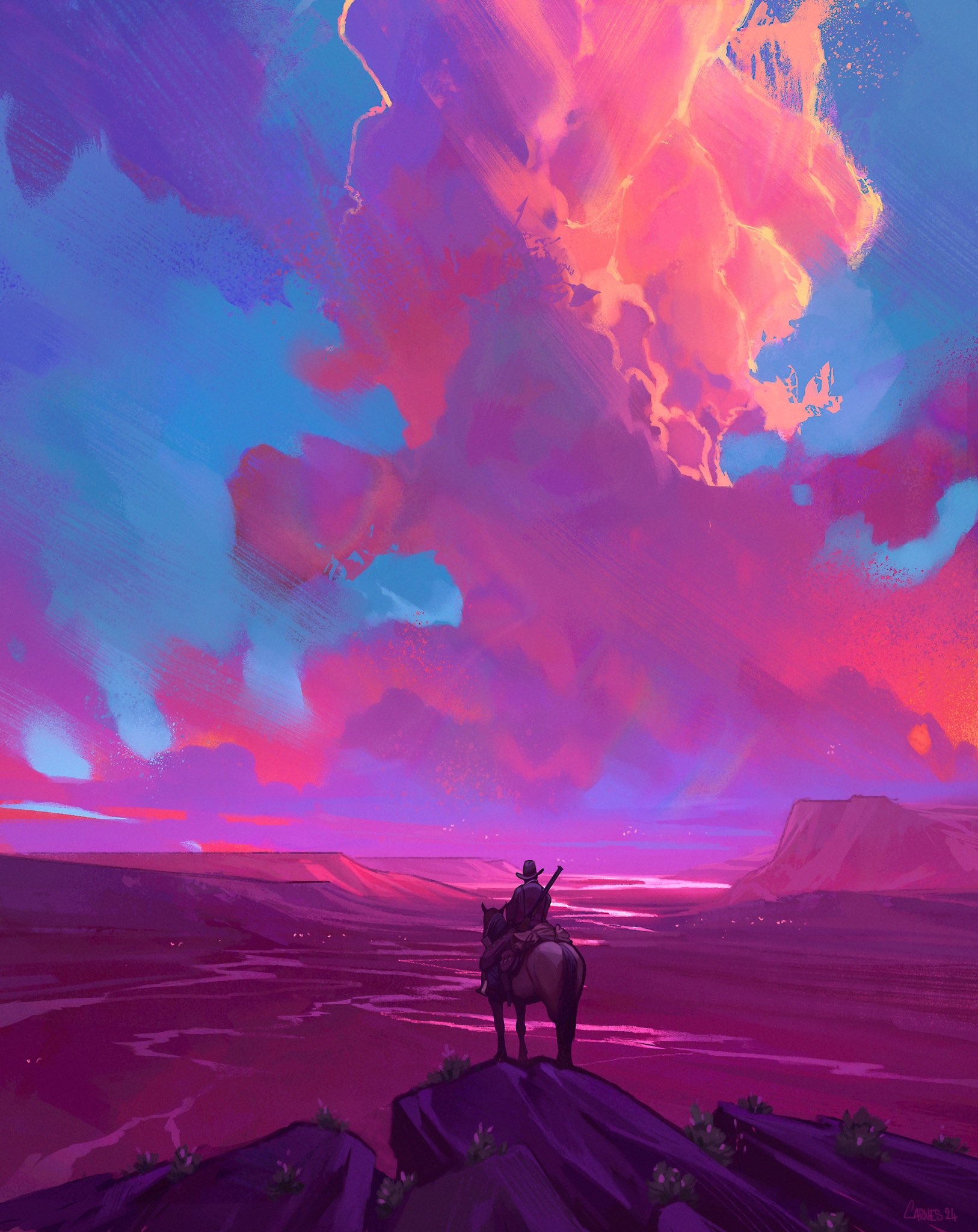 the image depicts a lone cowboy on horseback, silhouetted against a vivid sunset in a vast desert landscape. the cowboy, positioned on a rocky outcrop, gazes towards the horizon where the setting sun bathes the sky in a dramatic blend of pink, orange, and blue hues. the desert floor stretches out below, leading towards distant mountains painted in shades of purple. the overall effect is one of solitude, adventure, and the aweinspiring beauty of the natural world.