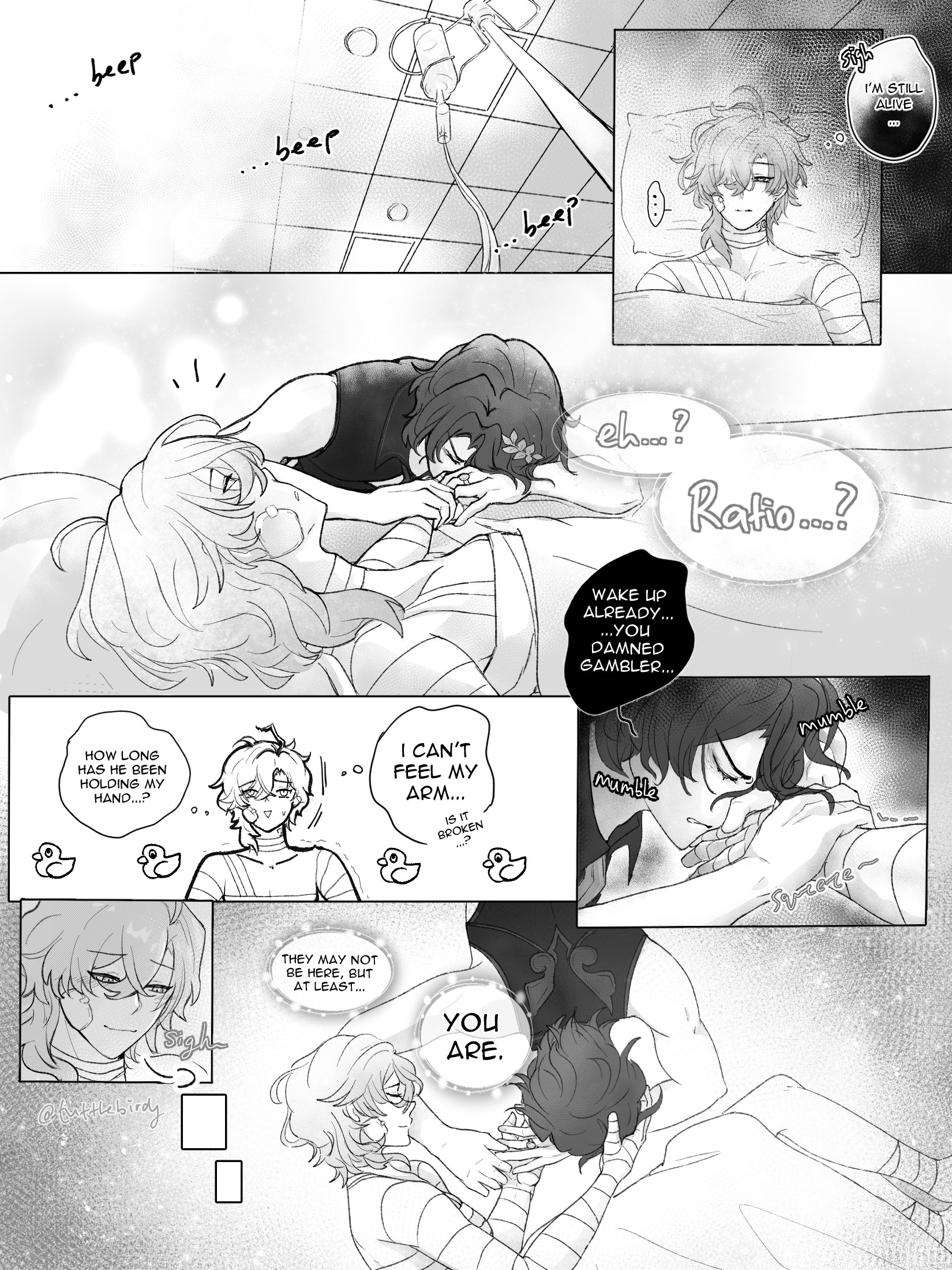 he image is a mangastyle comic strip in black and white. it depicts a scene in a hospital room with two young men, one injured and bandaged, the other seemingly concerned and caring. the comic unfolds a conversation between them with speech bubbles expressing feelings, questions, and a bit of playful banter.  the overall atmosphere is tender and intimate, hinting at a romantic relationship. the visual style is soft and expressive.