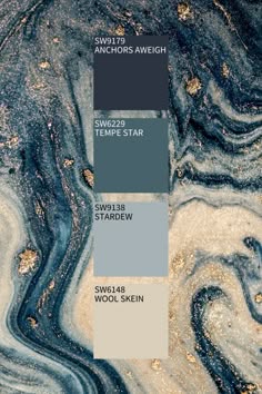 this image features four sherwin williams paint swatches with the color names and numbers. they are stacked on top of each other and set against a background of blue and beige marblelike patterns. the swatches are: sw9179 anchors aweigh (dark blue), sw6229 tempe star (light blue), sw9138 stardew (mid blue), sw6148 wool skein (beige).