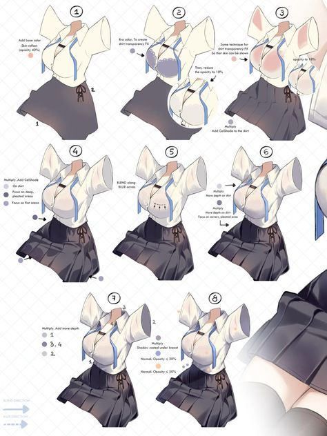 this image is a digital art tutorial showing the steps to draw a female anime character. it starts with a simple line art and gradually builds up the details and shading until the final image is complete. it highlights the process of drawing the hair, clothing, and skin.