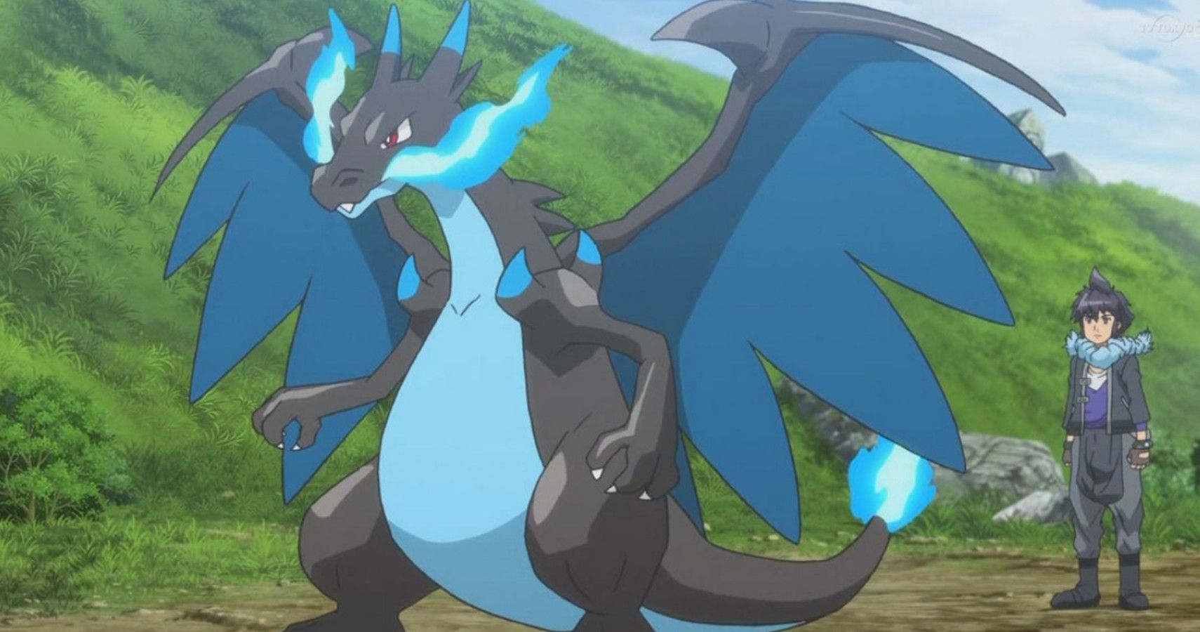 a detailed closeup shot of mega rayquaza, a powerful pokémon, standing in a grassy landscape. the pokémon is rendered in high definition, showcasing its sleek design with vibrant blue and black coloring.  the character is exhibiting a formidable stance, suggesting strength and power. in the background, a young boy, presumably a pokémon trainer, is observing rayquaza, adding a narrative element to the image. the overall aesthetic is that of a highquality animation still.