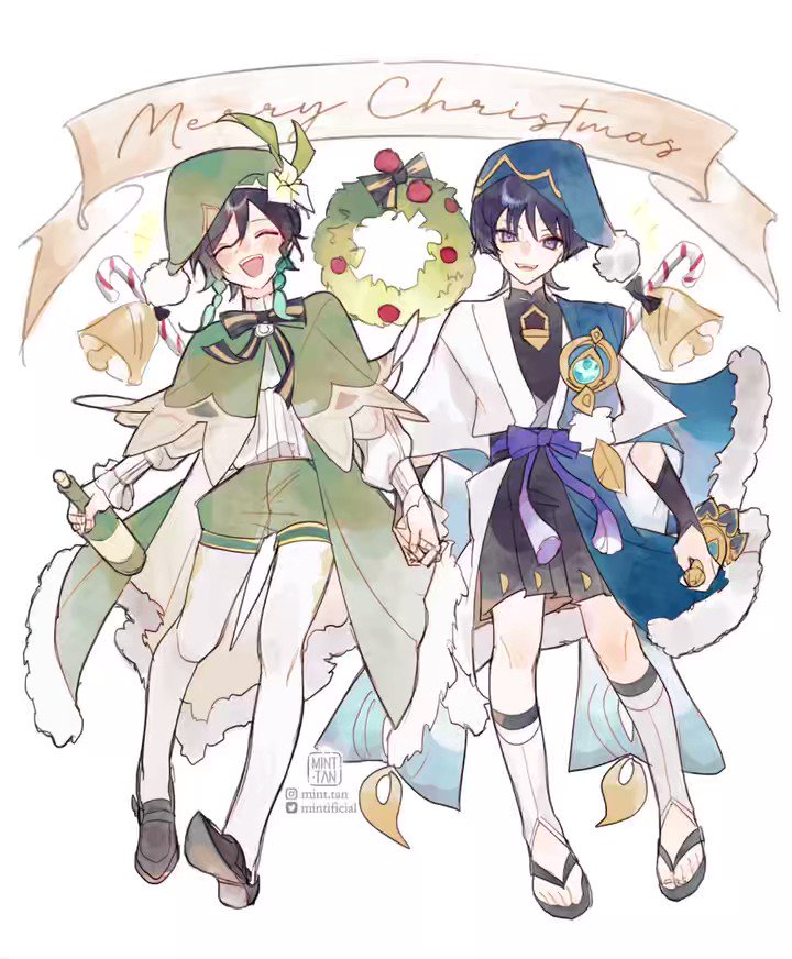 the image features two anime boys dressed in holiday attire. one is wearing a green outfit with a green hat and the other is wearing a blue outfit with a blue hat. the boys are holding hands and walking towards the viewer. the background of the image is a white background with snowflakes and holiday decorations. the two boys seem to be a couple and are celebrating christmas together.