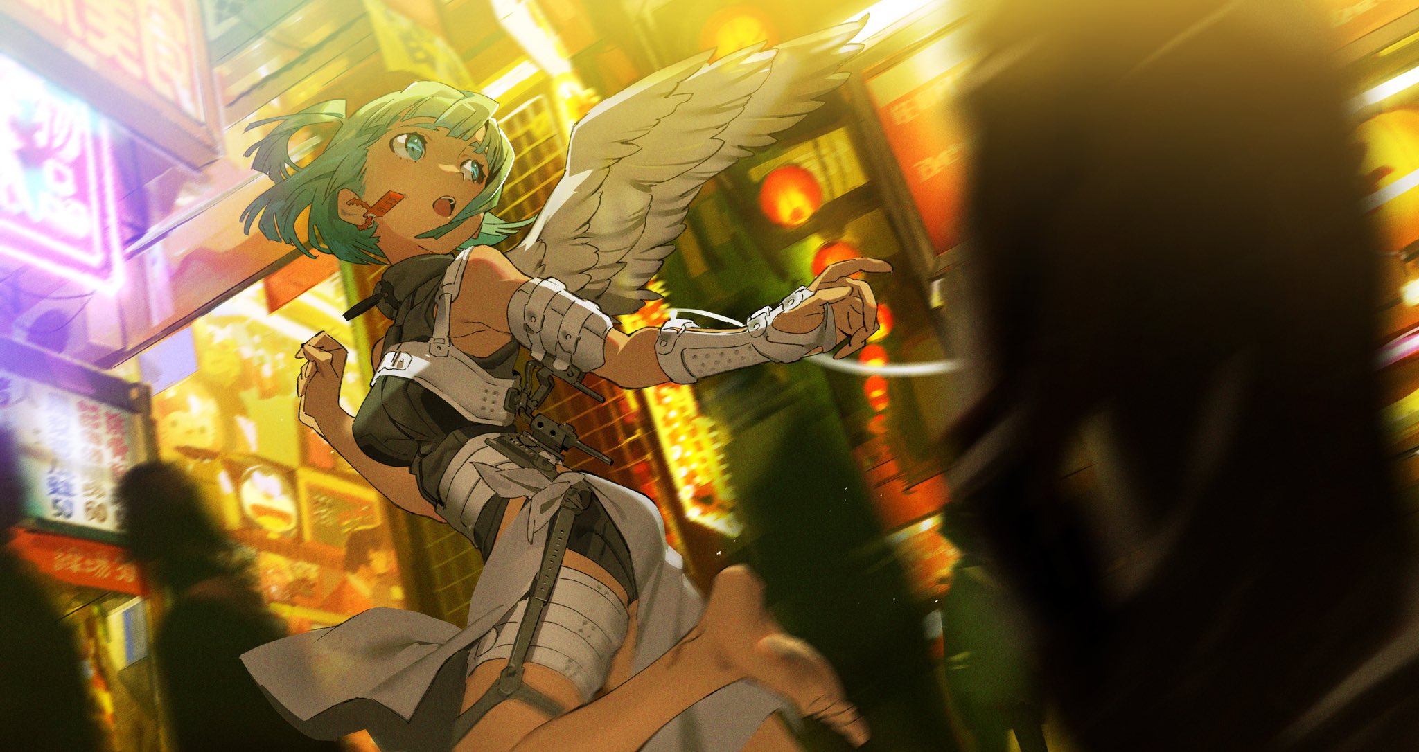 an animestyle illustration depicts a young woman with vibrant blue hair and white feathered wings sprinting through a bustling city street at night.  the low camera angle emphasizes her dynamic pose as she runs, one foot raised in midair. she wears a black and white outfit adorned with bandages, suggesting recent action or injury. the cityscape backdrop bursts with glowing neon signs and warm, atmospheric lighting, creating a sense of energy and movement. the overall effect is one of vibrant, actionpacked fantasy set against a gritty urban backdrop.