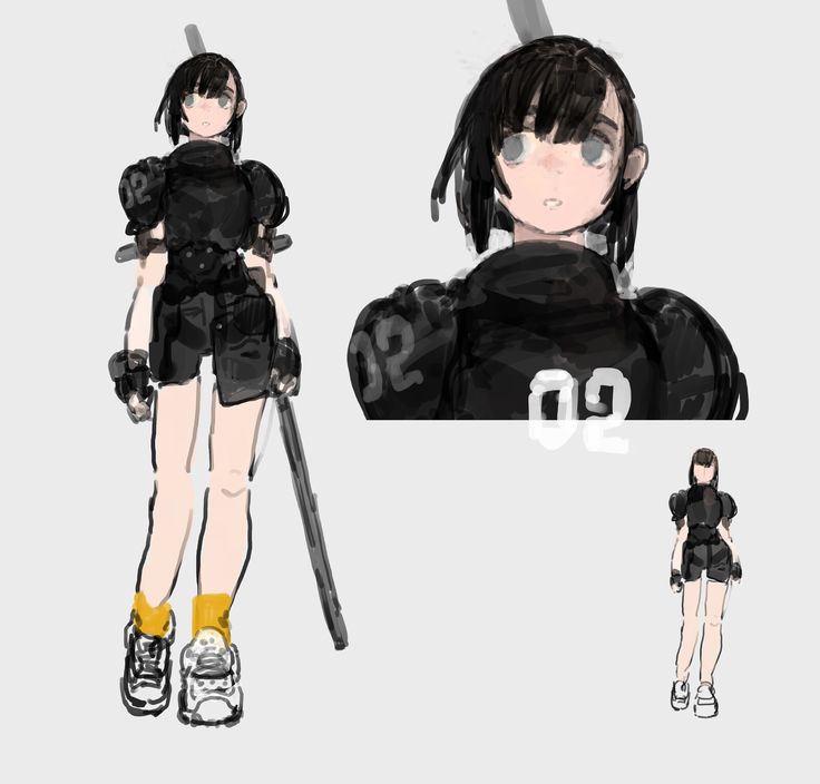this is a digital illustration of an anime girl. she has black hair with a white streak in it, black eyes, and a light skin tone. she is wearing a black shortsleeved shirt with black shorts and black boots. she is holding a black sword in her right hand. the background is grey. she is looking to the left, which is outside of the image. the background is grey. there are two other images in the image. the top image is a close up of the girl's head and shoulders, showing her black eyes, short black hair, and a black shirt with a white "02" on the front. the bottom image is a black and white drawing of a girl with a white "02" on the front of her black shirt. she is wearing black shorts and white shoes. the background is grey.