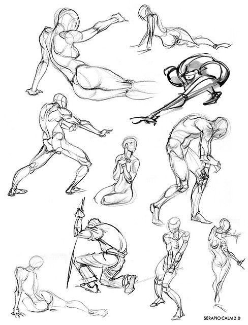 this is a sketch of a human body, with the emphasis on movement and dynamic poses. it contains multiple human figures with different poses, in an outline. the figure is drawn using lines, and it appears to be a practice study for anatomy and pose. the artist has focused on showing the different ways the human body can move, and how the figure can be represented in a stylized way.