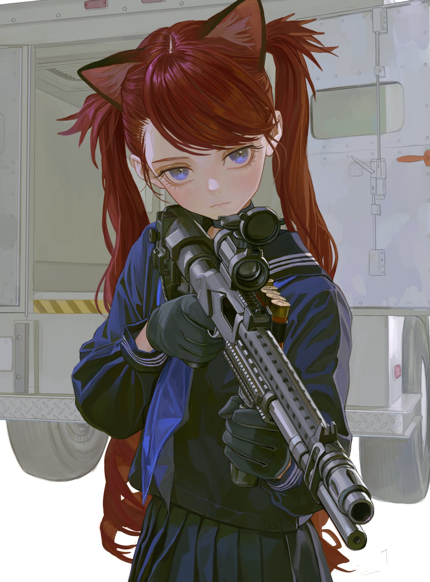 an anime girl with cat ears and red hair in pigtails is holding a rifle. she is wearing a school uniform with a blue jacket and a black pleated skirt. she also has black gloves on. behind her is a large, lightcolored vehicle.