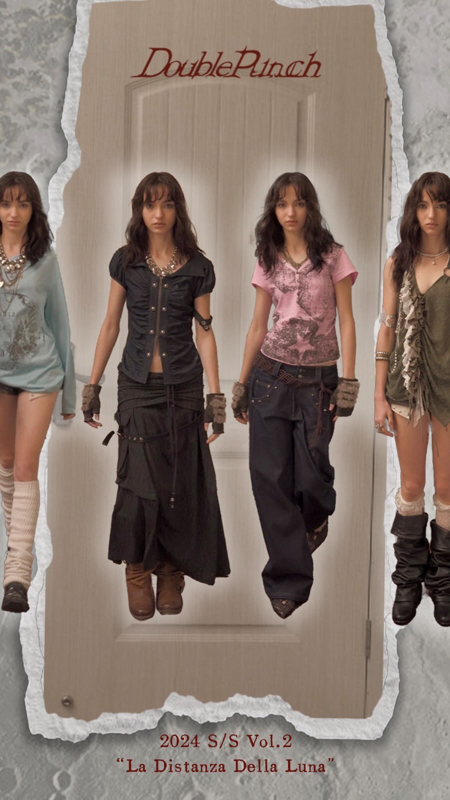 the image is a fashion advertisement for "double punch", showcasing their 2024 spring/summer collection, titled "la distanza della luna".  four models, two in similar darkstyled outfits and two in lighter outfits are posed in front of a door, framed by ripped paper edges. the setting creates a slightly gothic or grunge aesthetic. the overall style is dark and mysterious, with the models sporting boots, skirts, pants, and various accessories.  the image is primarily vertical.