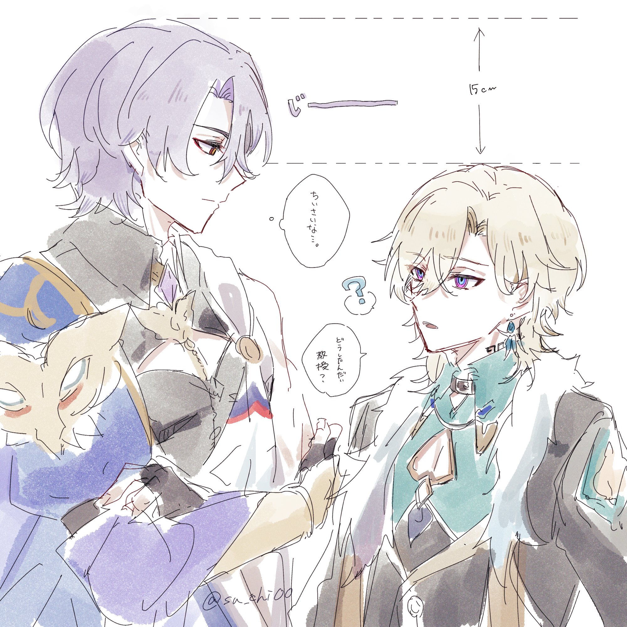 the image shows two anime characters, one with purple hair and one with blond hair, standing close together. they are both looking in different directions, the one with purple hair is looking at the blond haired character with a smile, and the one with blond hair is looking to the right and seemingly confused or thinking. the characters are wearing different outfits. the one with purple hair is wearing a blue and white outfit with accessories, and the one with blond hair is wearing a blue and white outfit with an earring and collar. they appear to be in a friendly and casual setting. the image is drawn in a soft and delicate style, with a lot of detail.