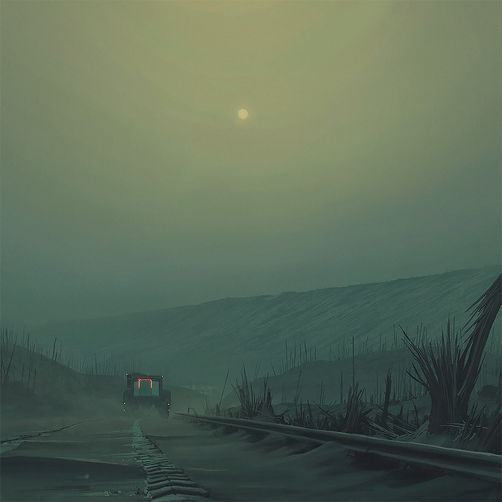 a dusty, desolate desert landscape with a lone truck driving along a road that runs parallel to train tracks. the sky is a hazy, muted green with a faint sun setting in the distance. the scene is atmospheric and evokes a sense of loneliness and abandonment.