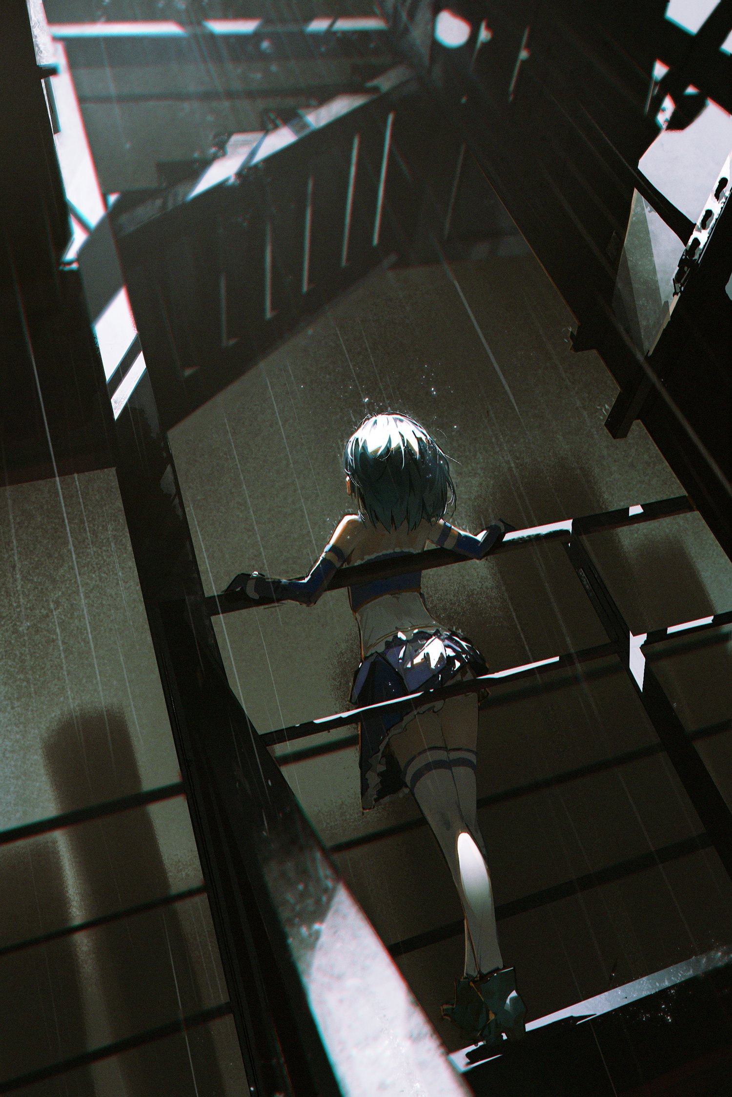 a young anime girl with long, dark blue hair is leaning against a metal railing
