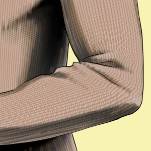 the image shows a closeup view of a person's arm, bent at the elbow. the arm is clothed in a tancolored, knitted fabric with a distinct texture. the lighting highlights the folds and creases of the fabric, emphasizing the threedimensional form of the arm.
