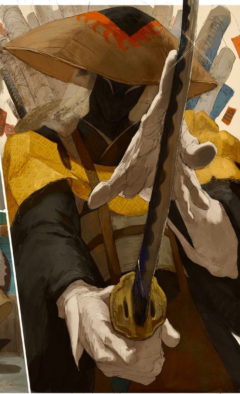 the image is a digital painting or illustration of a samurailike figure. the figure is cloaked in a yellow and black robe and wears a large, widebrimmed hat. they have a mask on that obscures their face, and they are holding a katana with both hands. the style is reminiscent of anime or manga, with a focus on detail and atmosphere. the background is blurry and suggests a busy, cluttered environment. the overall mood is mysterious and somewhat ancient.