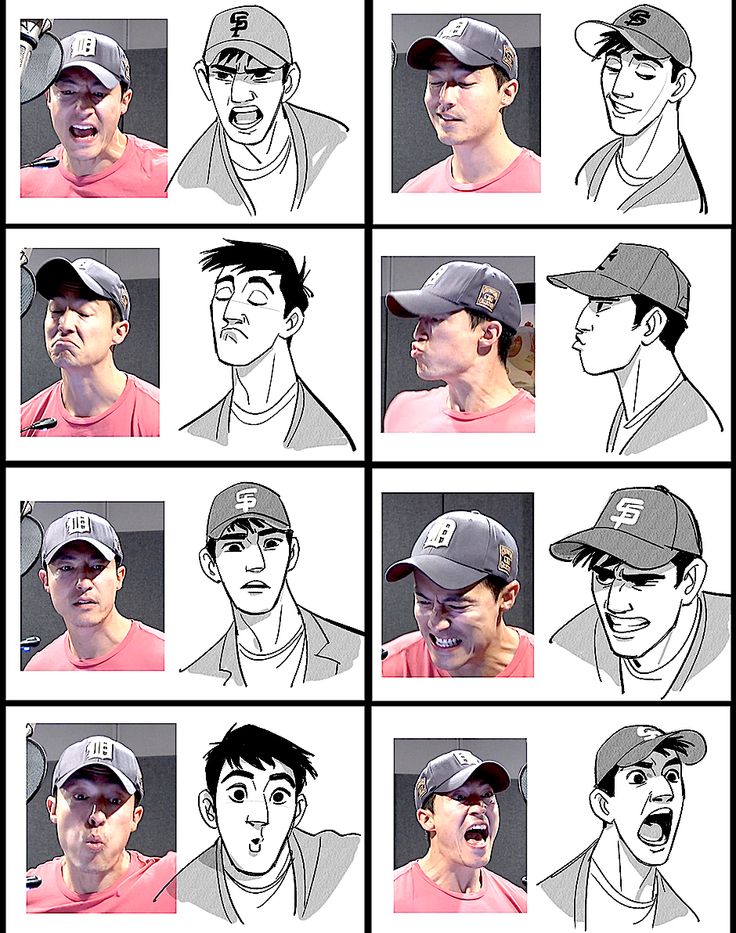 the image is a grid of photos showing a man in a pink shirt and a gray baseball cap making various facial expressions. next to each picture of the man is a black and white drawing of the same expression, stylized like a cartoon or comic book character. this is likely an example of reference material for a voice actor or animator to use.