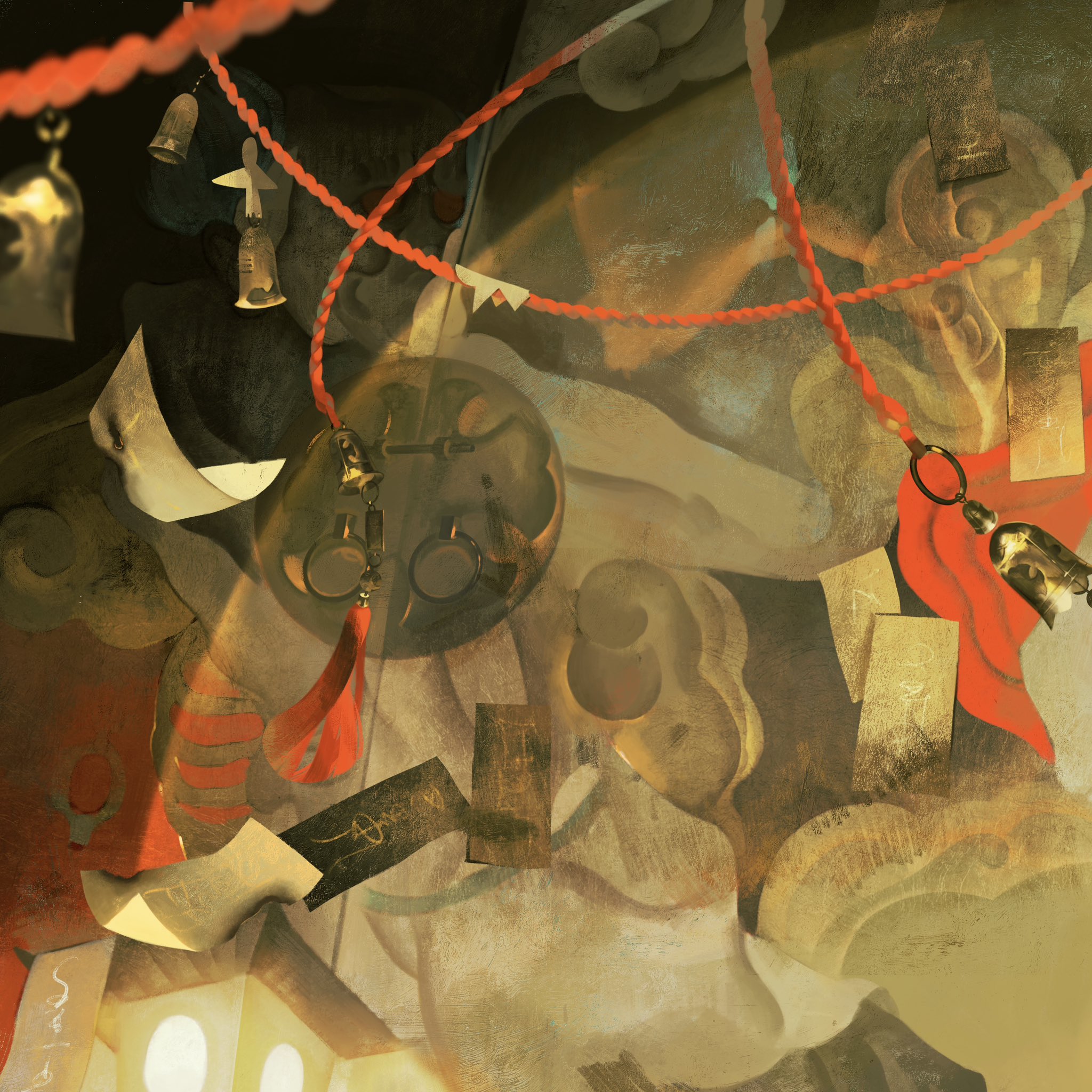 a surreal painting with red string with bells, gold decorations, and an abstract background. the painting has a mystical and spiritual feel, and it appears to be a dreamlike or fantasy world.