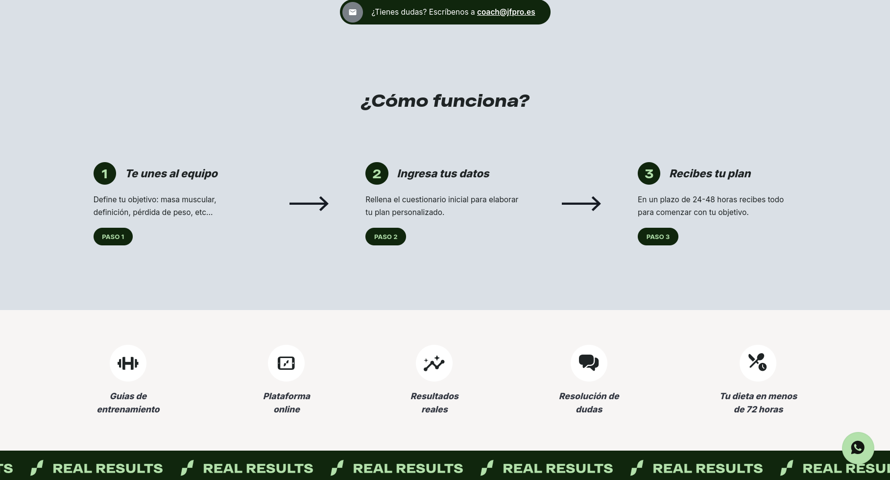 this is a website landing page for a fitness program. it describes the 3 steps for getting started with the program: 1. join the team, 2. fill out a questionnaire to get a personalized plan, 3. receive your plan within 2448 hours. the page also lists the benefits of the program, including access to workout guides, online platforms, personalized plans, results, and quick resolutions for any doubts or concerns.