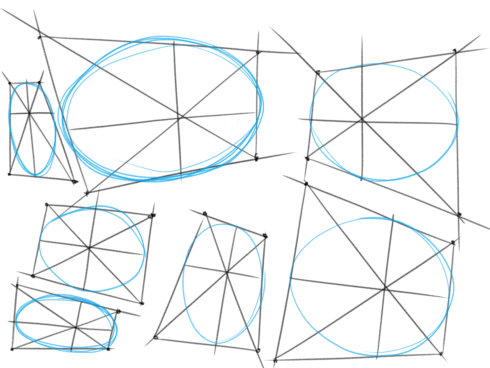 the image contains a collection of various geometric shapes, predominantly circles and ellipses, drawn within intersecting lines that form geometric constructions.  the shapes are rendered in light blue, while the construction lines are dark gray.  the drawing appears to be a practice in constructing these shapes using geometric principles, possibly for an artistic or technical drawing purpose.  the shapes are of various sizes and orientations, overlapping and interconnecting to form a visually complex yet organized arrangement.