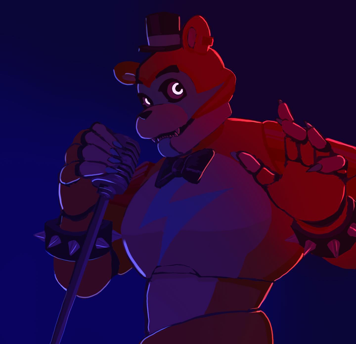 rockstar freddy from five nights at freddy's, an animatronic bear with a microphone, is lit up by stage lights against a dark blue background. he appears to be singing.