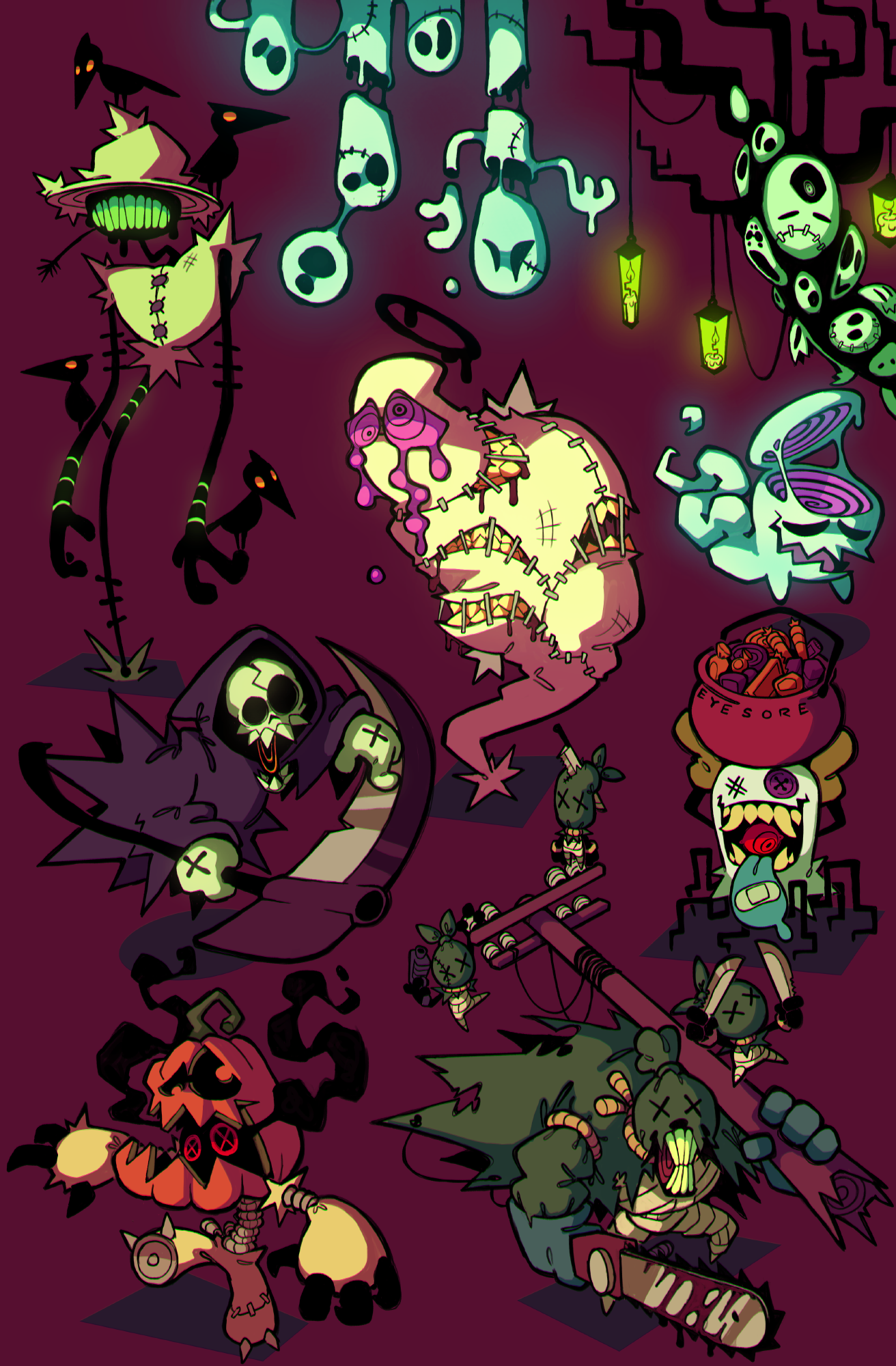 an illustration of various cute monsters with a halloween theme.