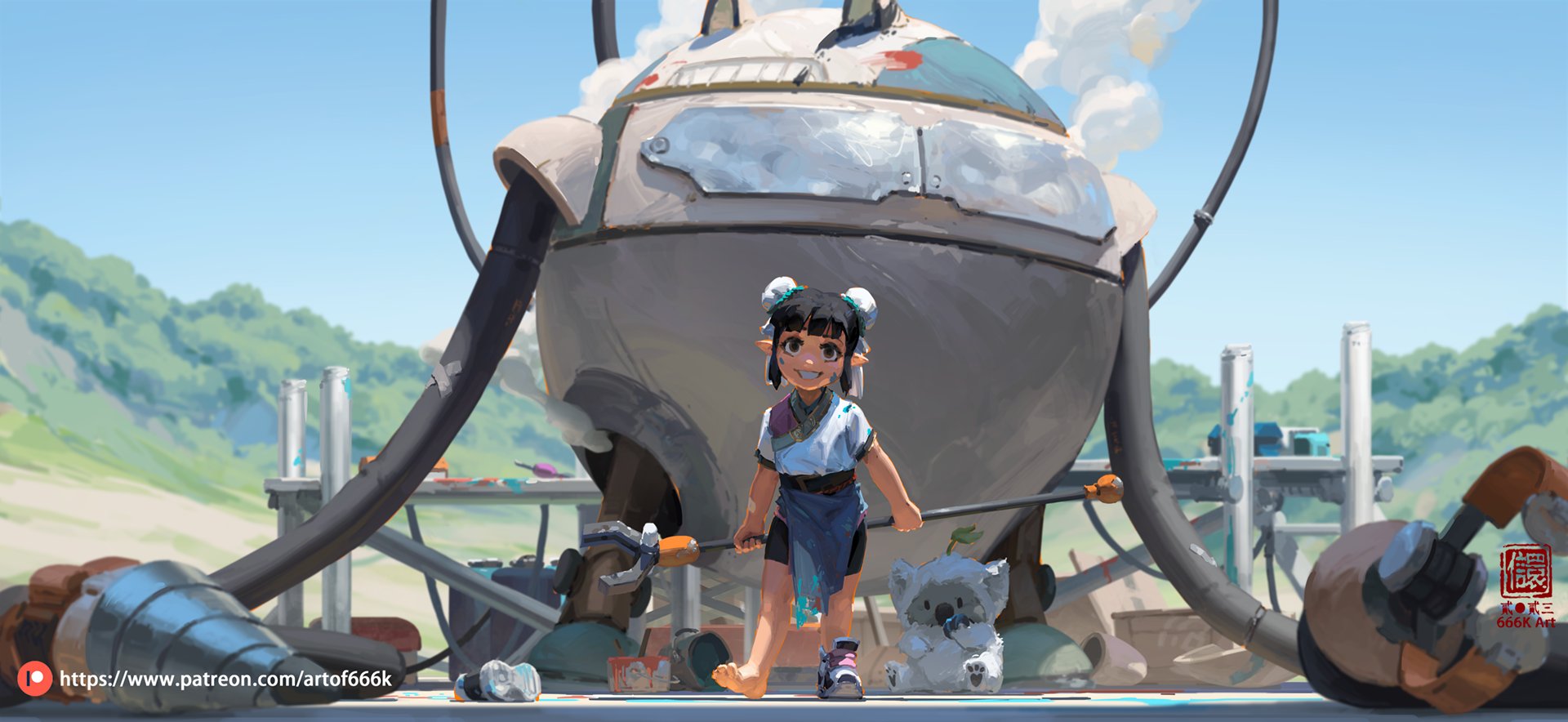 a digital painting shows a whimsical scene of a young girl with elflike ears standing in front of a large, rusty robot. the girl is smiling and holding a paintbrush, with paint splattered on her clothes and the ground. next to her is a plush koala toy. the setting is outdoors, with rolling green hills in the background. the robot appears to be a piece of machinery with many tubes and parts visible. the overall style is vibrant and colorful, with a blend of fantasy and scifi elements. the artist's signature and patreon link are visible in the bottom corners.