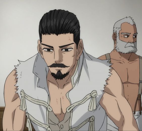 this is an anime screenshot of two muscular men in a room. the man in the foreground is younger, with dark hair, a goatee, and mustache. he is barechested and wearing a white, sleeveless, open shirt. the man behind him is older with white hair and a white beard. he is also barechested and wearing suspenders. they appear to be looking at something offscreen.