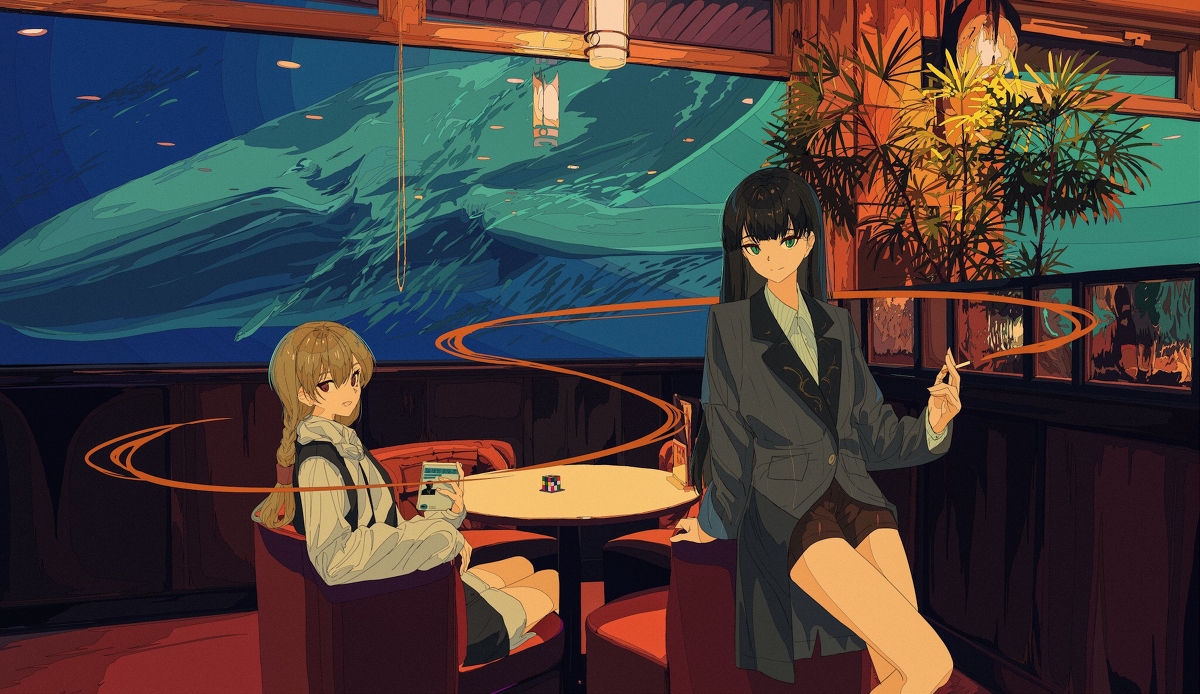 the image is a digital painting or illustration depicting two animestyle girls sitting at a small table in a cafe or restaurant. the cafe has a large window showcasing a mural or aquarium depicting a whale swimming in the ocean. one girl has long blonde hair and is dressed in a casual outfit, while the other girl has long black hair and is wearing a more formal blazer and shorts. the second girl is seen holding a cigarette, suggesting a more mature and possibly rebellious attitude. the overall atmosphere is stylish, relaxed, and subtly mysterious, created through warm lighting and the detailed artwork.  orange lines swirl around them, adding a dynamic and whimsical element to the scene.