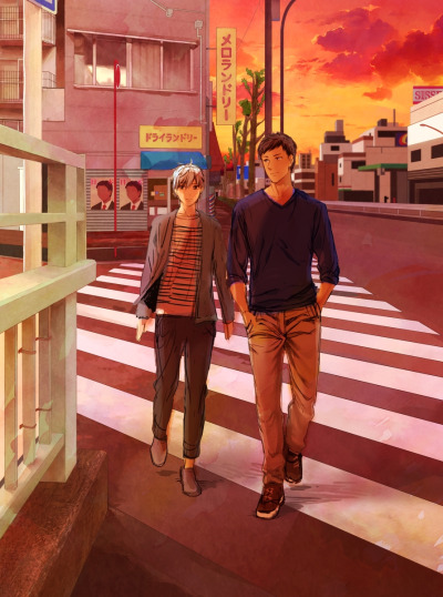 the illustration showcases two men walking handinhand across a crosswalk, set against the backdrop of a vibrant sunset in a city. the warm hues of the sunset dominate the palette, casting a romantic glow over the scene. buildings line the street, and a sign for a hair salon is visible in the background. the men are the central focus, their casual attire and relaxed posture suggesting a sense of intimacy and comfort in their relationship.