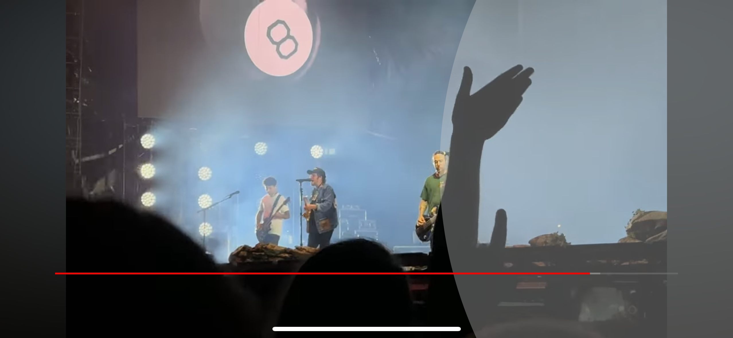this is a photo of a concert. the band is on stage, playing their instruments, and the crowd is cheering. the image captures the energy and excitement of a live music performance. it is a closeup shot, showing the band members and the crowd in detail. the light is focused on the stage, making the band members stand out. the shadows of the crowd create a sense of depth and atmosphere. the image is wellcomposed and captures the moment perfectly.