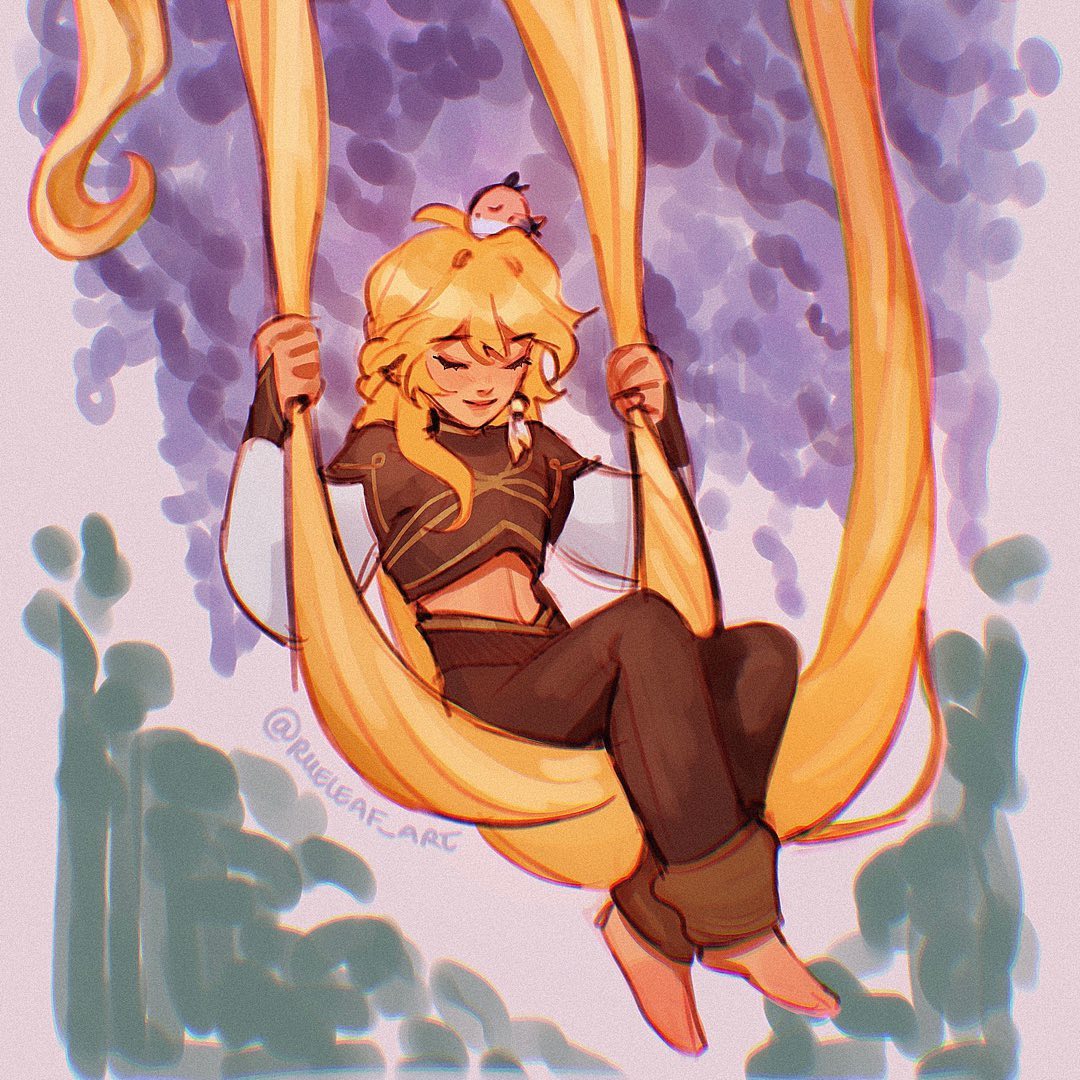 a digital painting of a young woman with long blonde hair, sitting on a swing made of her own hair. she has a small bird perched on her head. the background is a purple floral scene. the style is whimsical and cartoonish. the overall mood is one of peace and serenity.