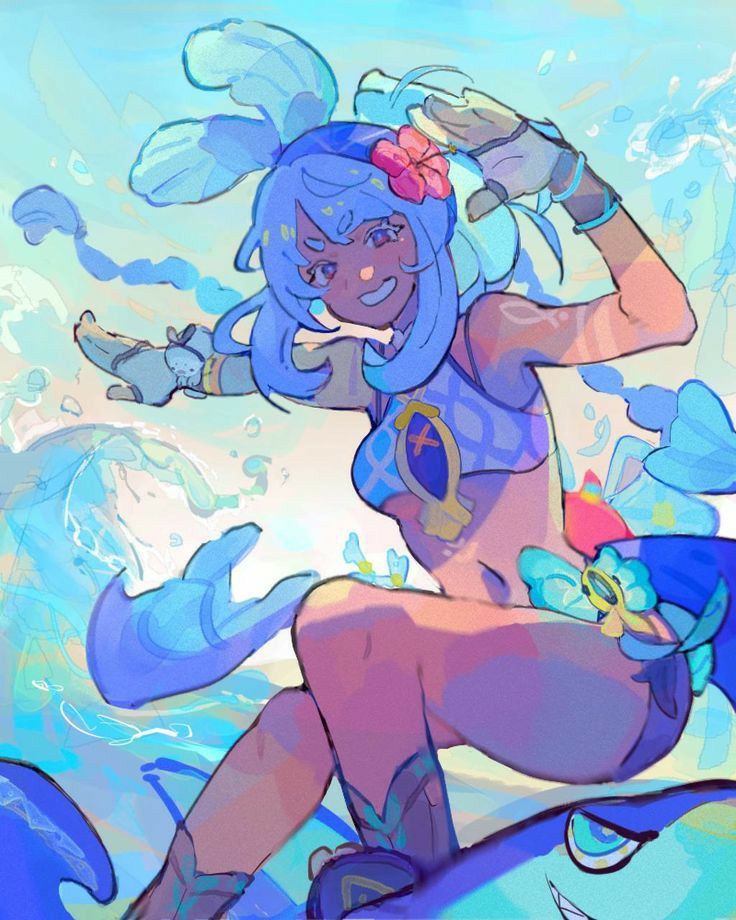 the image is a vibrant and stylized piece of fanart depicting fischl from genshin impact.  she's depicted in a summery swimsuit, playfully surfing on a large, stylized wave. her blue hair flows around her as she enjoys the ocean. the art style is loose and painterly, with a focus on bright, saturated colors and a dynamic composition.  the overall feeling is one of fun and summery energy.  the background is a blend of seafoam and wave imagery, emphasizing the aquatic theme.