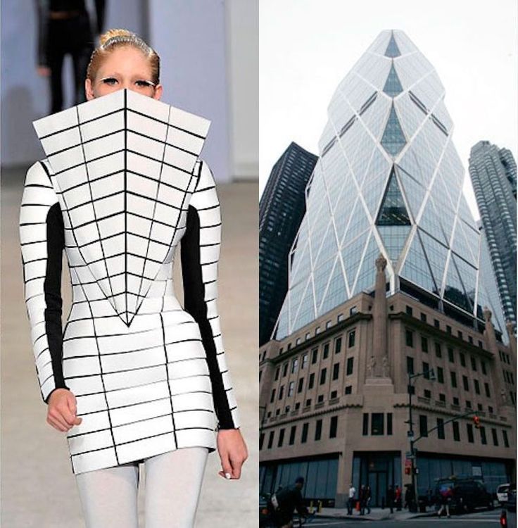 the image shows a woman wearing a geometric white and black dress on a runway and a building with an angular, modern design in the background. the dress is white with black lines and has a high collar. the building is a skyscraper with a glass facade and a geometric shape. the image is a juxtaposition of fashion and architecture, showing the similarities between the two.
